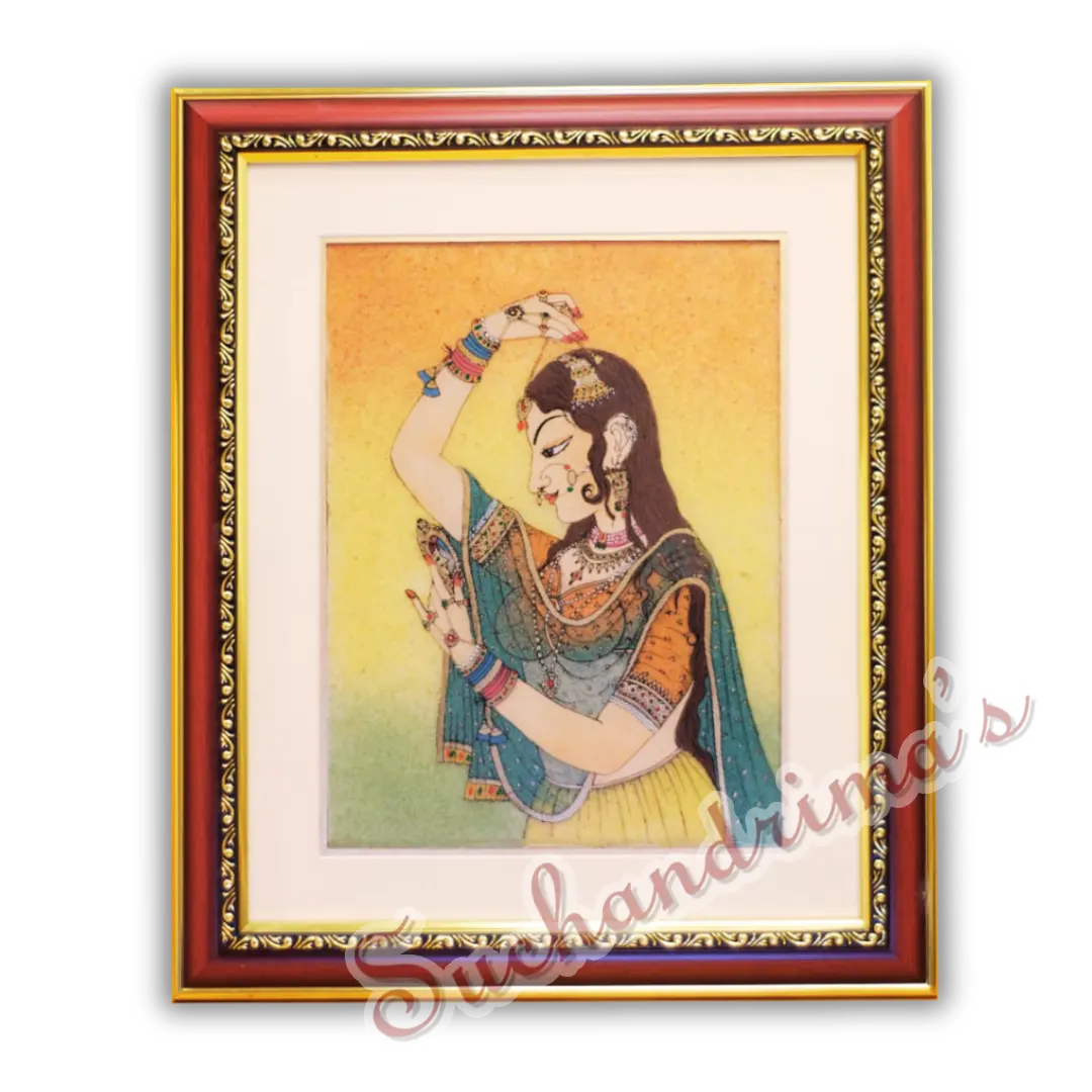 Shringar Rani with a Mirror Gemstone Painting