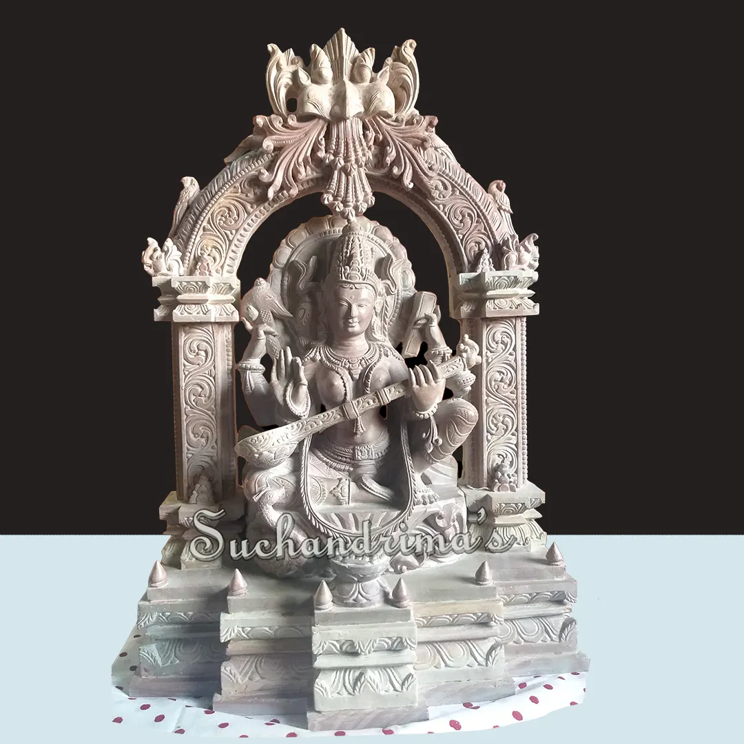 12 inch height Devi Saraswati Sculpture made of Natural Pink Serpentine stone