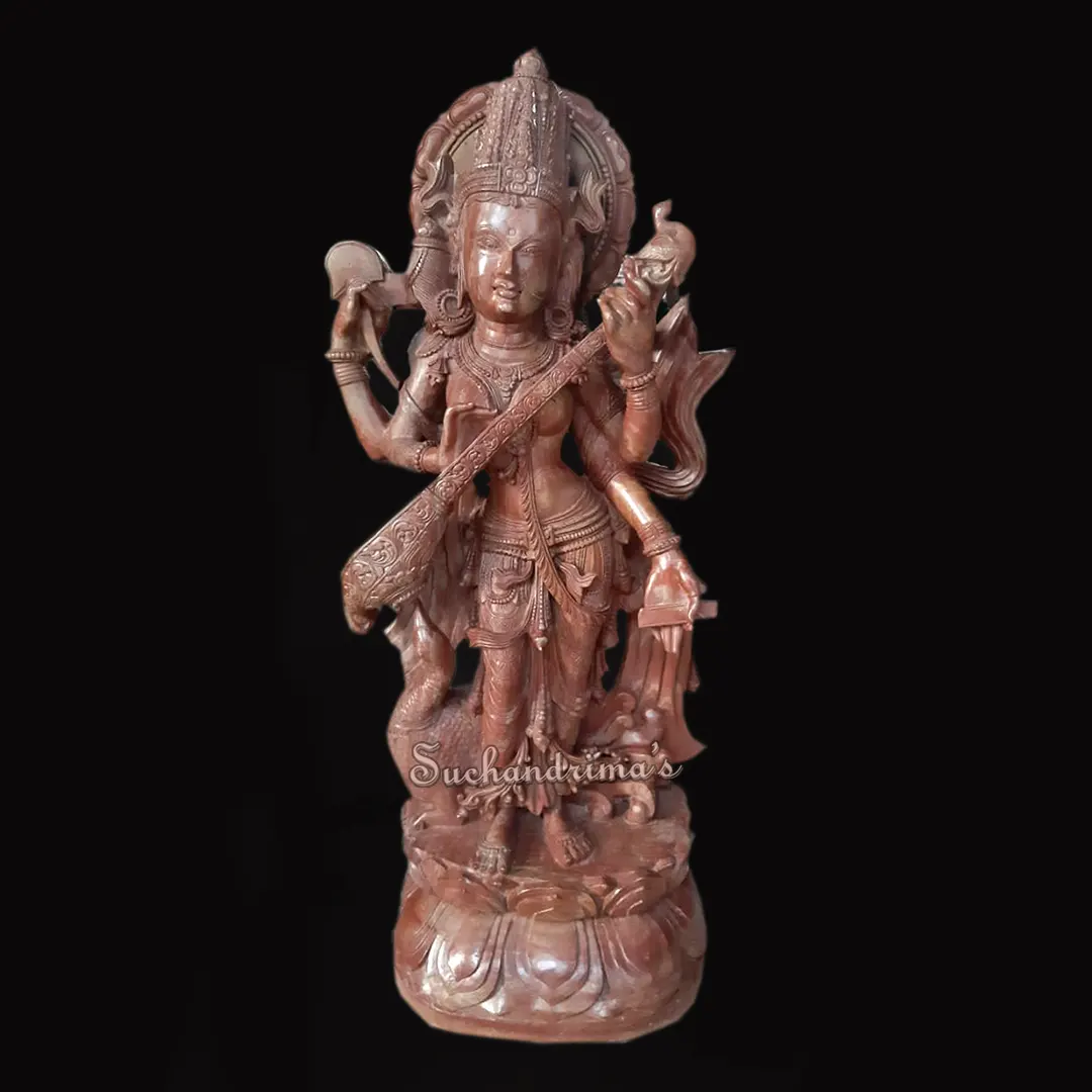2 ft Devi Saraswati made of pink serpentine stone